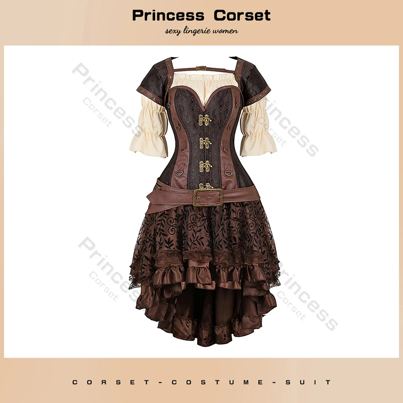 Brązowa sukienka piracka Plus rozmiar skóra fxu Steampunk gorset do sukienki z bluzką na ramiączkach Cosplay kostium pirata dla kobiet