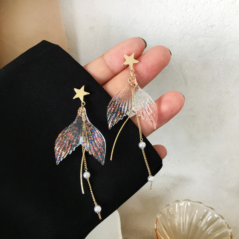 S925 Silver needle fantasy beauty fish tail earrings fairy girl pearl tassel earrings temperament long earrings