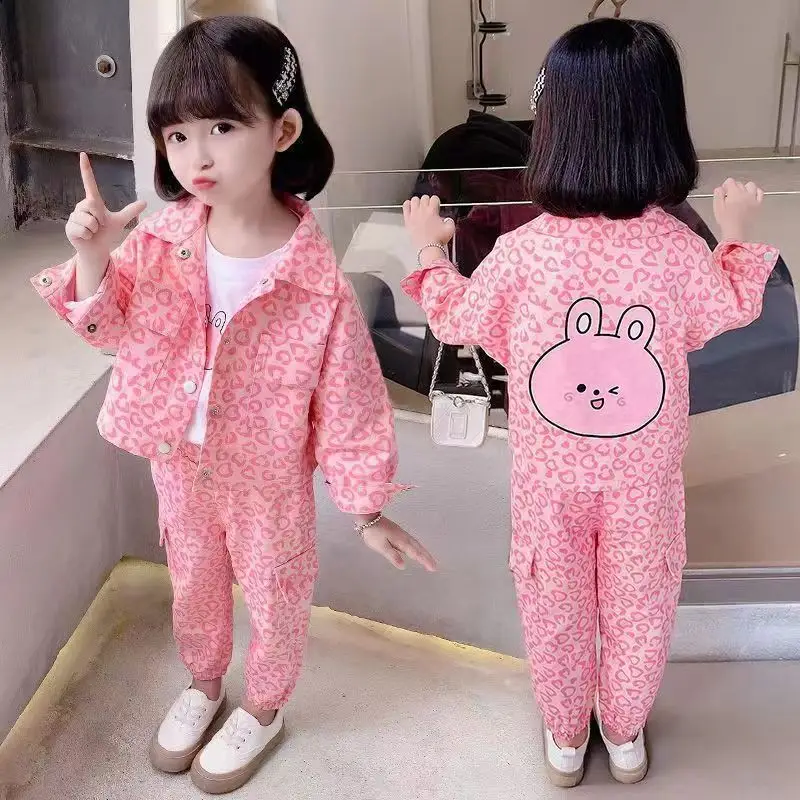 Girls' Clothing Set 2024 New Spring and Autumn Children's Baby Fashionable Denim Jacket Pants Two Piece Set 2-7Years