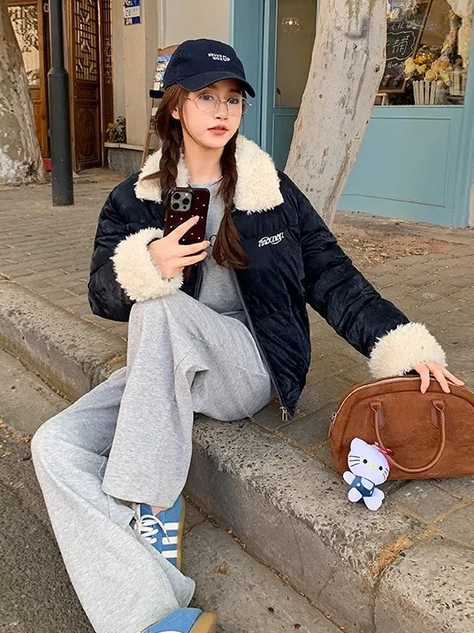 Lamb Fur Collar Short Cotton Jacket Women's Winter Fashion Retro American Bread Style Student Coat Thickened Long Sleeve Zipper
