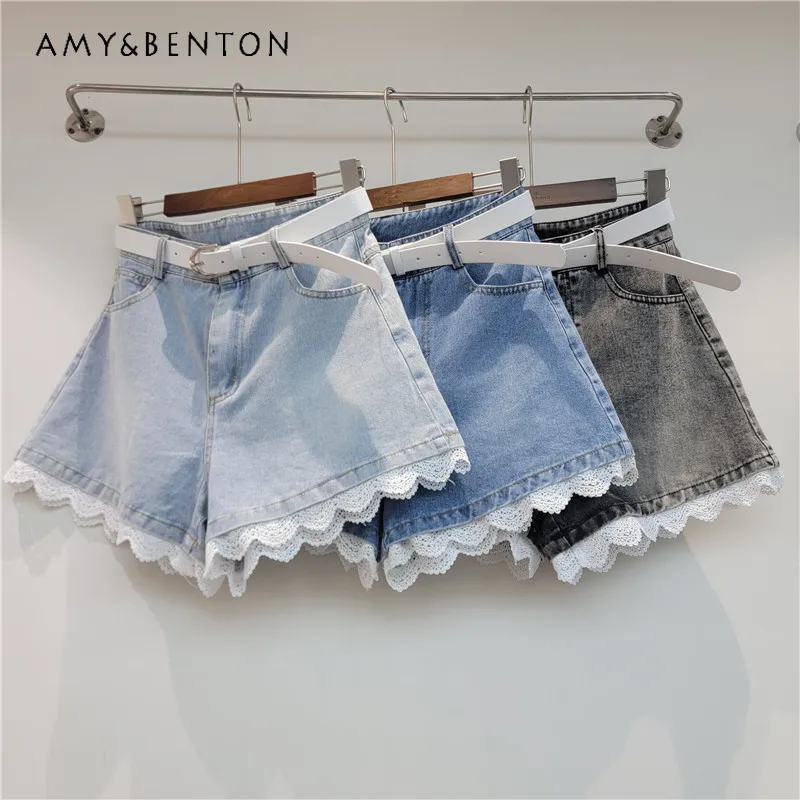 

Lace Spliced Denim Shorts Women's High Waist A-line Wide Leg Booty Pants 2026 Summer New Casual Bottoms Short Pants For Ladies
