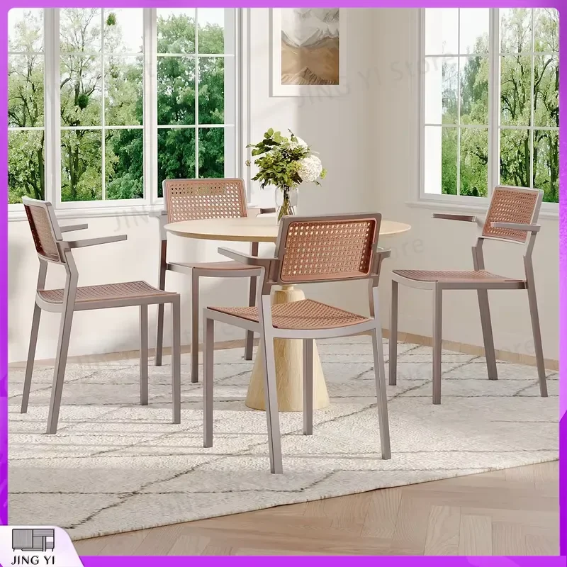 Pseudo Rattan PP Dining Chair Set of 4 with Armrest Modern Stackable Restaurant Chair for Cafe Bistro Office Commercial Use