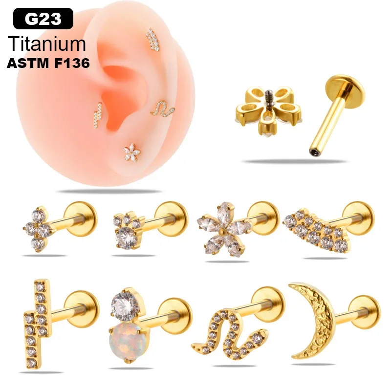 1PC G23 Titanium Piercing Labret Lip Stud Zircon Cartilage Internal Helix Conch Tragus Lobe Body Jewelry 1.2x8mm
