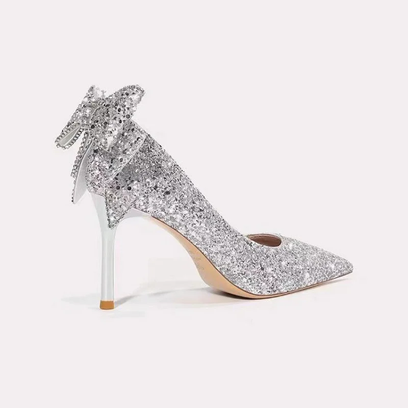 Francuskie buty ślubne kobiety srebrne buty na wysokim obcasie sukienka z cekinami czółenka elegancka wiosenna Rhinestone kokardka słodkie