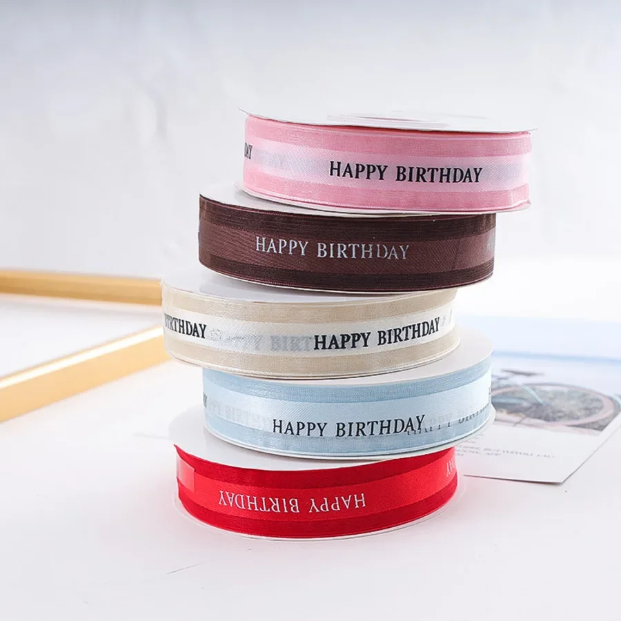 50yards HAPPY BIRTHDAY Multi color and multi-purpose chiffon process ribbon suitable for gift bouquet packaging,party decoration