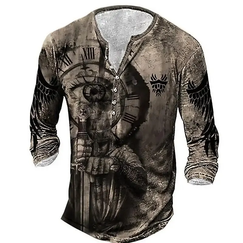 2024 New Vintage Printed Long Sleeve T Shirt 3D Paladin Long Sleeve Casual V Neck Shirt Oversized Top T Shirt Men\'s Clothing