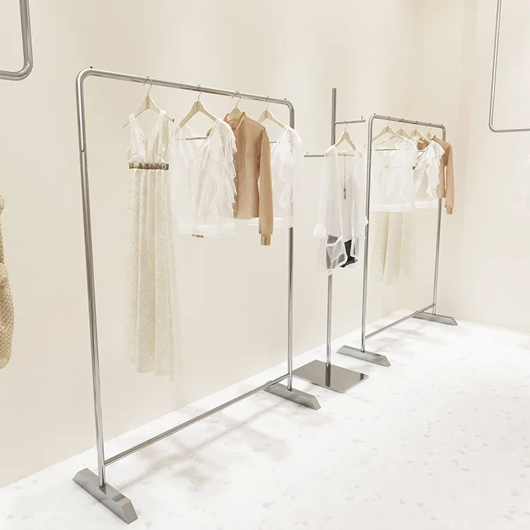 Clothing store display rack women's clothing shelf floor-to-ceiling clothing rack stainless steel brushed silver hanger middle