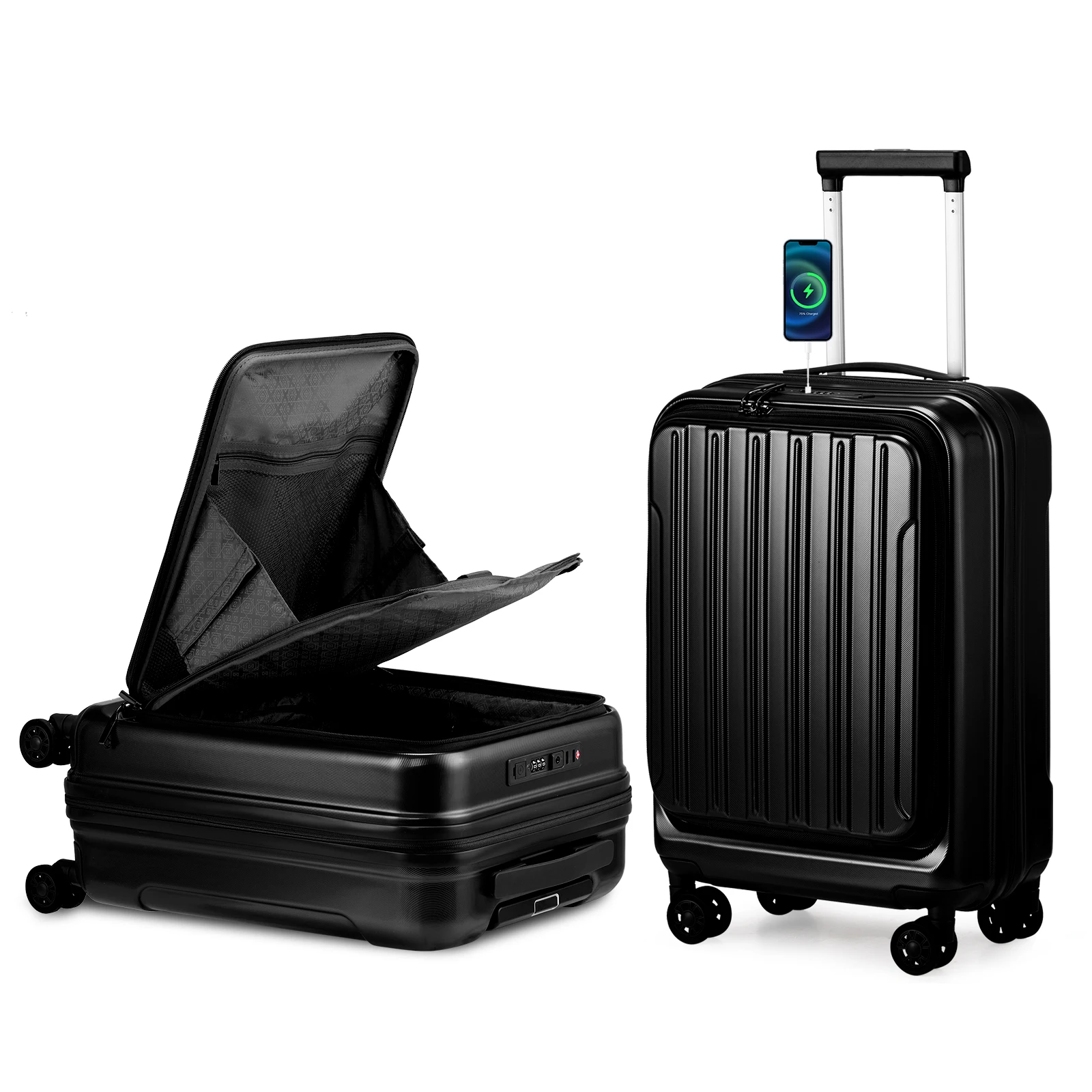 22 ×14 × 9 Airline Approved with USB Port, ABS+PC 20 Inch Luggage with Front Compartment, Double Spinner Wheels, TSA Lock Black