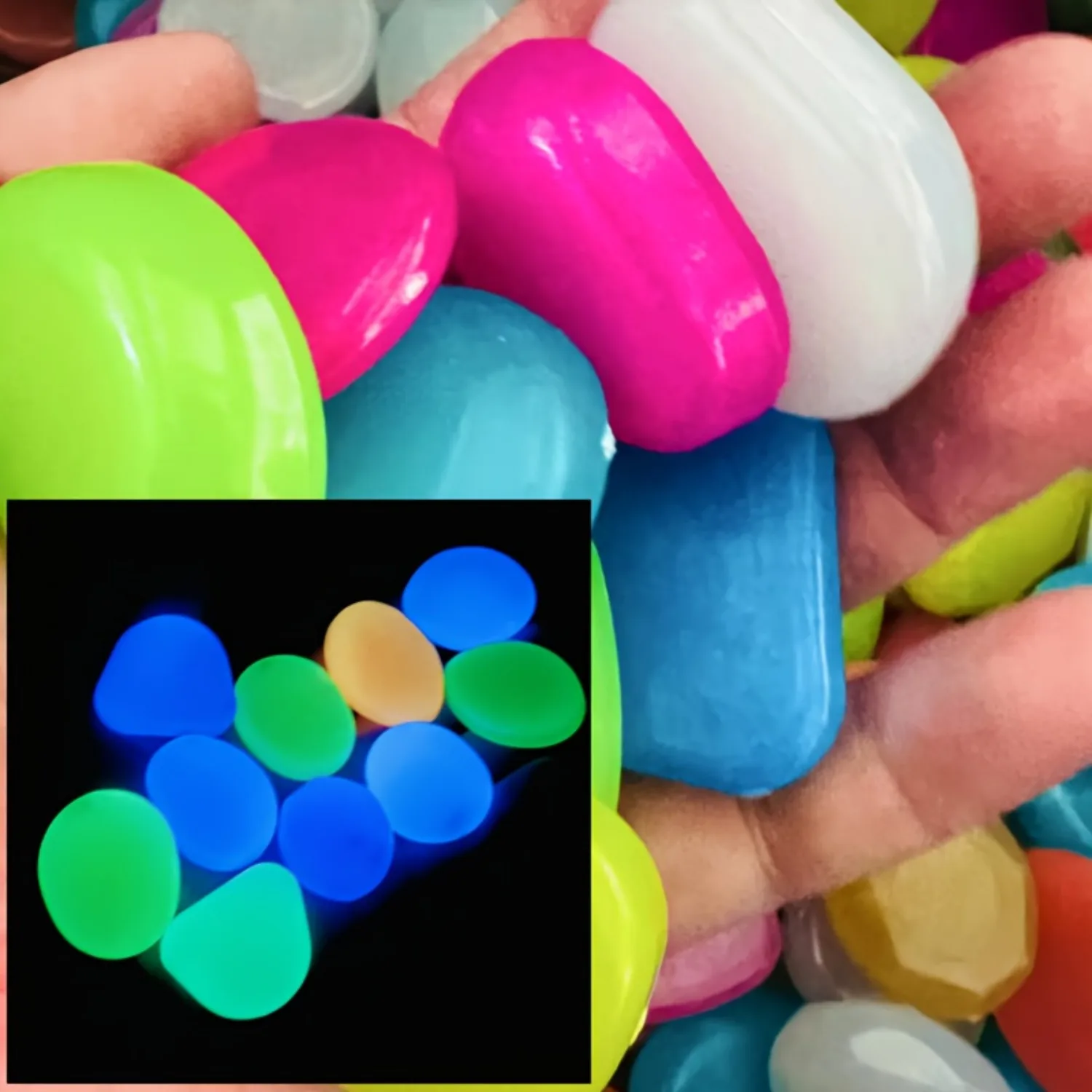100pcs Extra Large Glow in the Dark Stones Neon Multi Color for Aquarium Garden Wedding Halloween Patio Outdoor Indoor