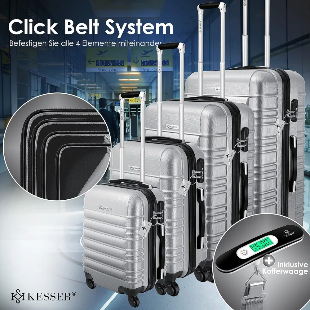 Kesser ®   スーツケース4個セット |   車輪付き荷物 |   ハードシェルラゲッジ |   スーツケース M-L-XL、シルバー