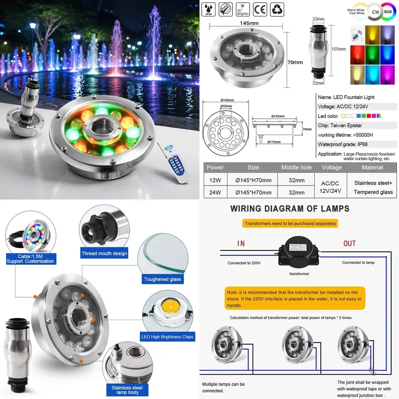 304 316 Stainless Steel DC12V Ip68 Waterproof Full Color Rgb Rgbw Outdoor Dmx512 Underwater Led Fountain Light