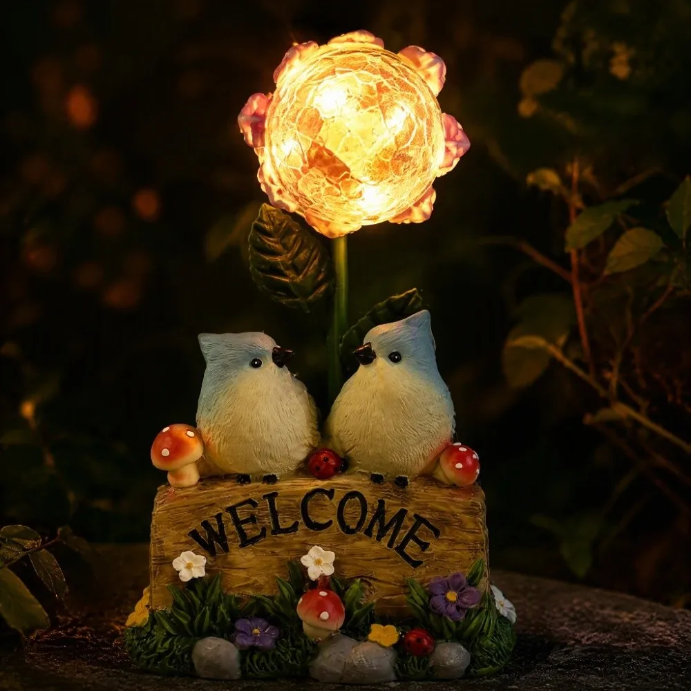 Solar Powered Garden Welcome Sign Durable Resin Creative Design Bird Figurine No Wiring Needed Warm Light Garden Ornament