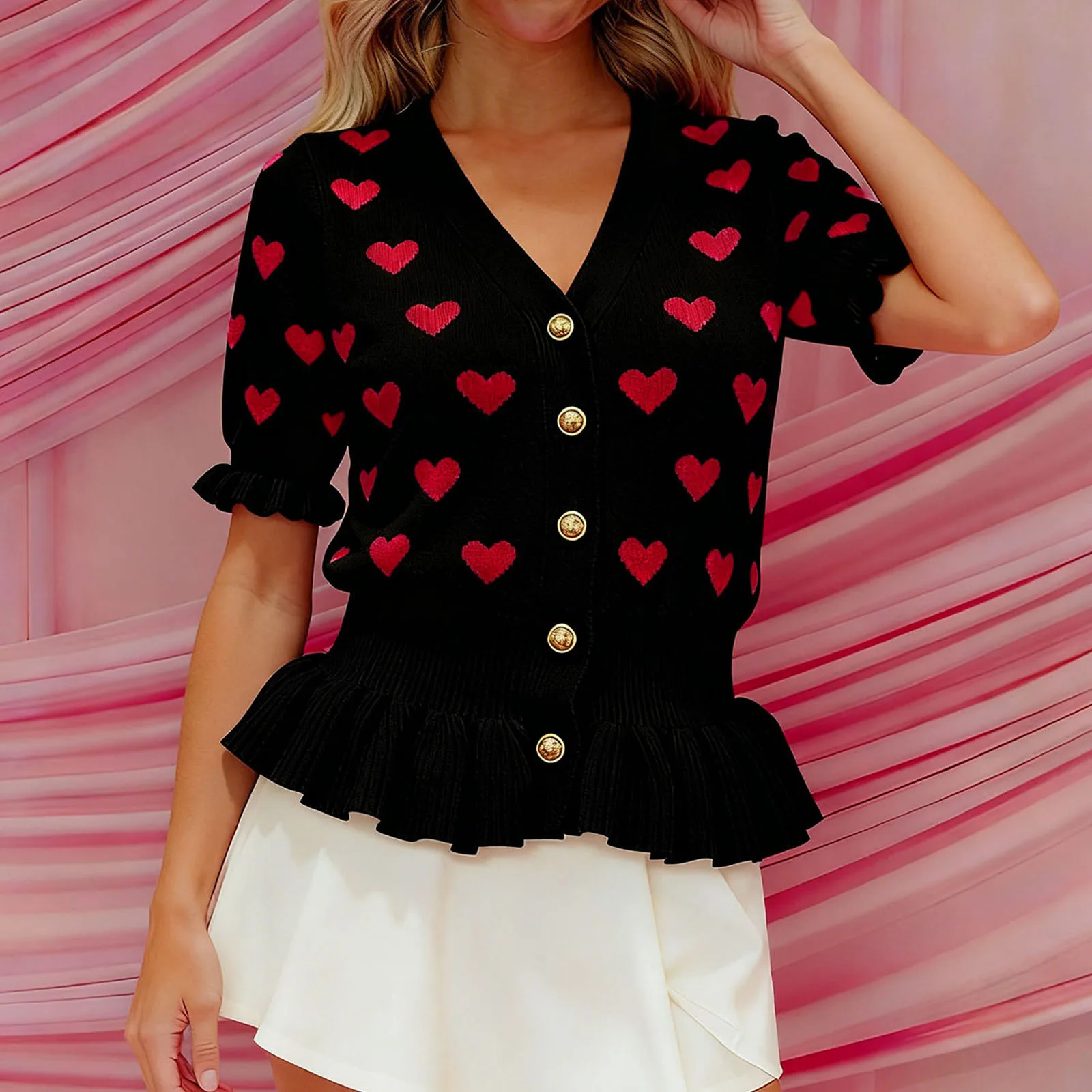 เสื้อคาร์ดิแกนถักลายหัวใจสุดหรูสำหรับผู้หญิงในวันวาเลนไทน์ ดีไซน์เก๋ไก๋ ขอบระบาย กระดุมผ่าหน้า คอวี แขนครึ่งตัว