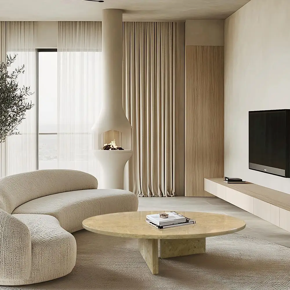 โต๊ะกาแฟหินอ่อนสีทองเหลืองเบจธรรมชาติสำหรับห้องนั่งเล่น หินแท้ ขนาด Ø35.4 x 9.8 นิ้ว เฟอร์นิเจอร์หินแท้สุดหรู