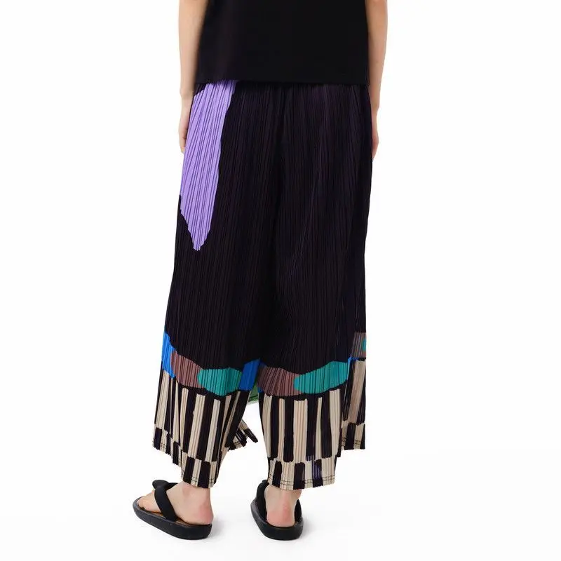 Pleated summer new FUN series elastic waist pocket fun printing casual straight-leg pants women trousers