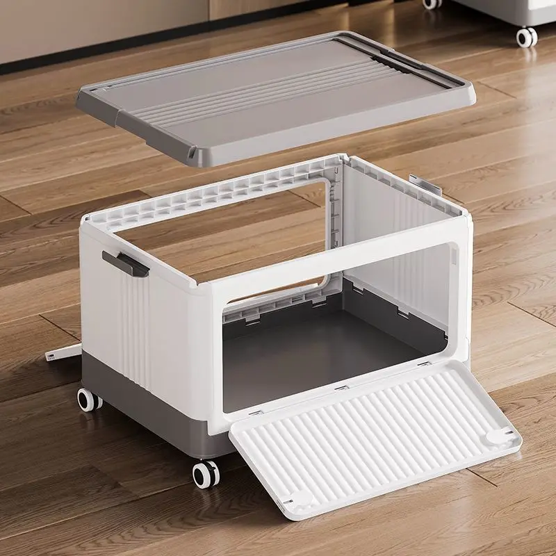 Foldable Storage Box With Wheels, White Gray Plastic Stackable Storage Bin With Front Opening Lid, Collapsible Storage Container