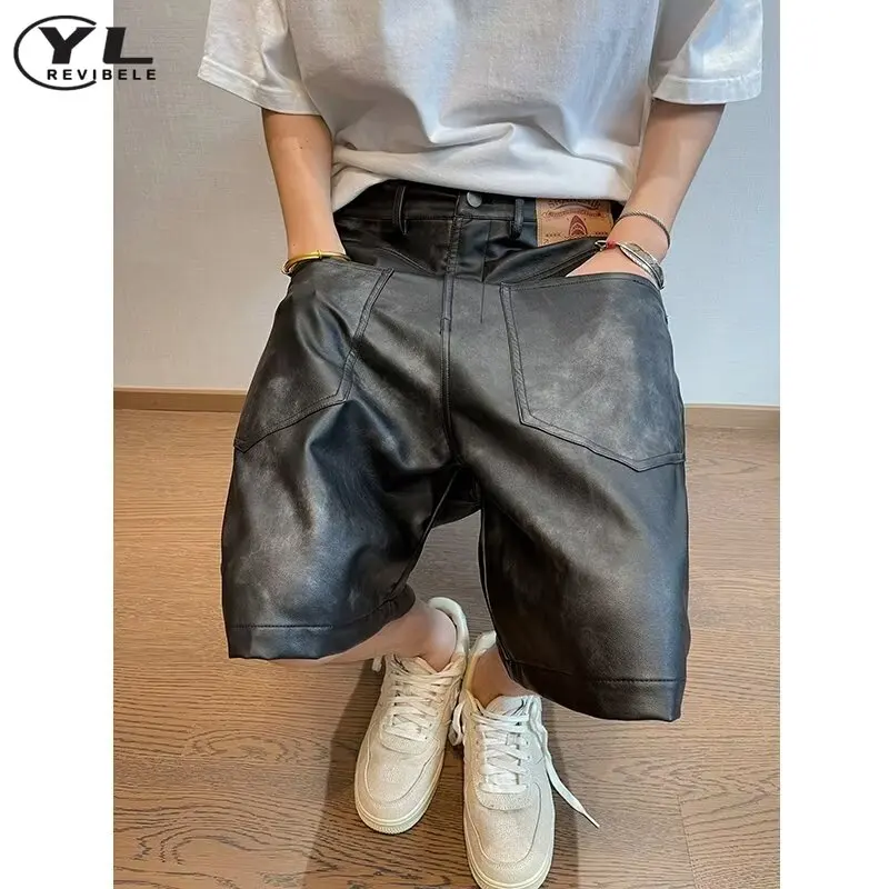 American PU Leather Design Black Shorts Men High Street Retro Distressed Summer Five-point Pants Fashion Casual Loose Trousers