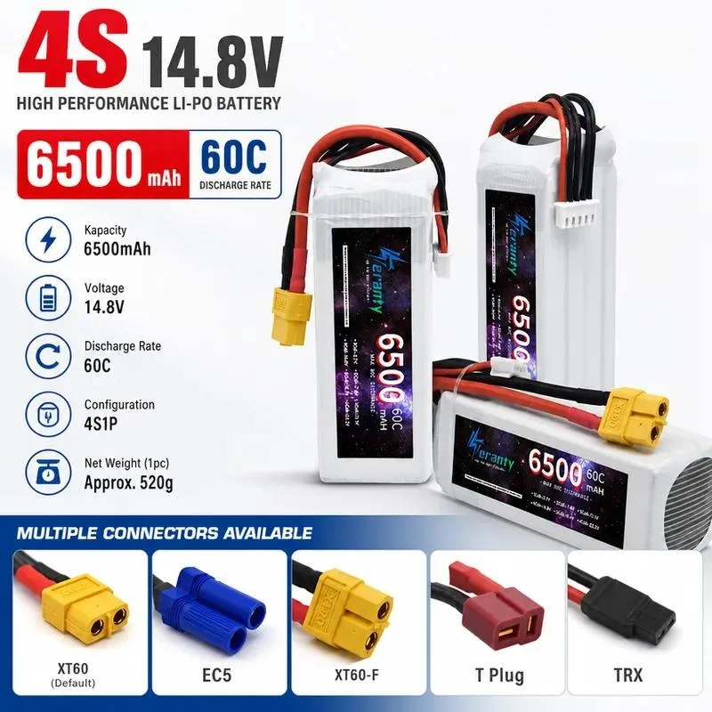 6500mAh 4S 14.8V 60C HV LiPo Battery for RC Model Aircraft Drone Vehicle and Ship Rechargeable High Voltage Lipo Battery