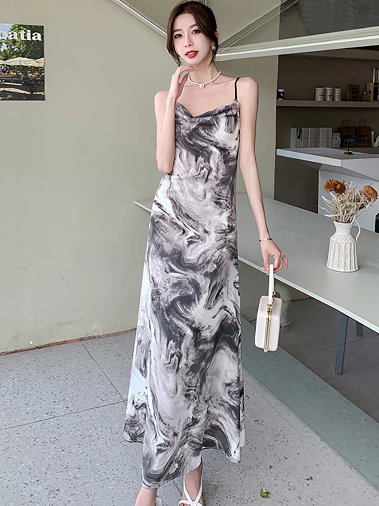 2025 nova impressão chique sem costas sexy estilingue vestido longo feminino elegante arco bandage vestido de verão coreano bodycon festival vestido de noite