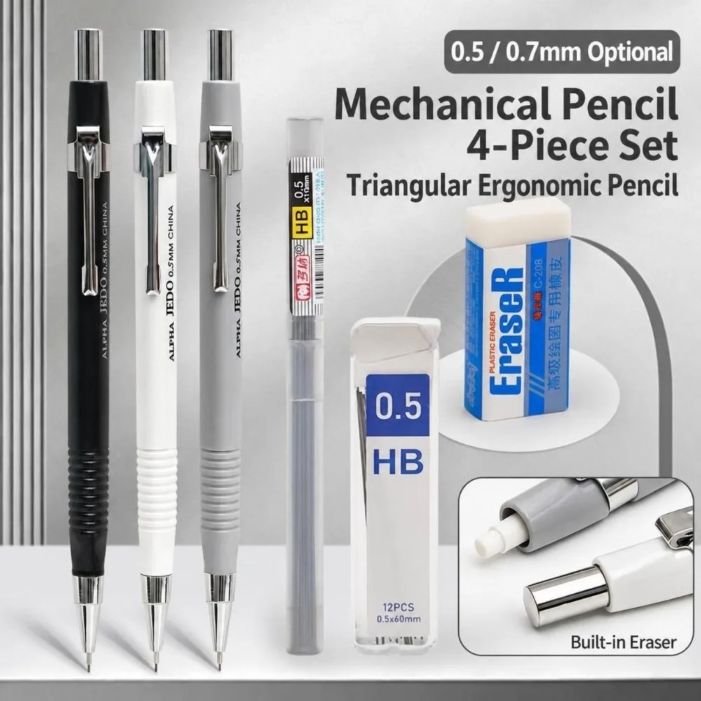 Portable Triangular Grip Mechanical Pencil Set HB 0.5/0.7mm Automatic Pencils with Lead Refills & Erasers HB Pencil Students