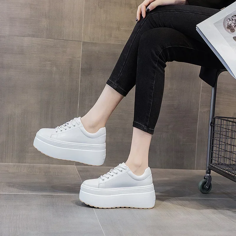 Autumn Genuine Leather Women Casual Shoes Super Thick 8CM Platform Wedge Women Fashion Sneakers Chunky Shoes Summer Skateboard