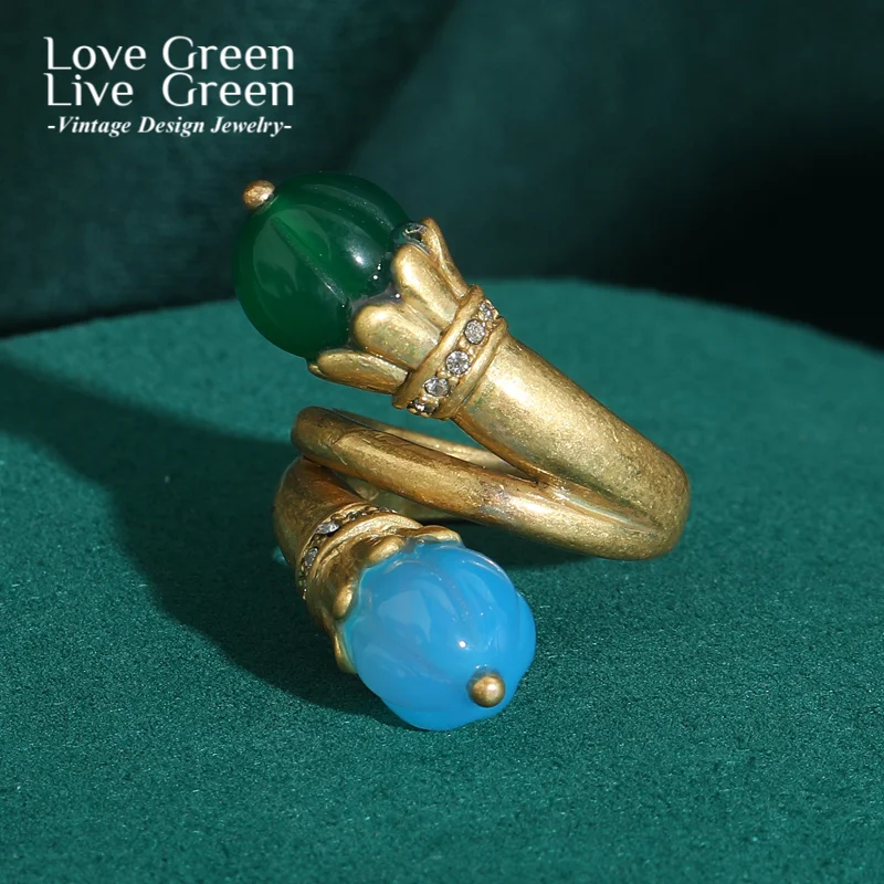 

Blue Natural Stone Green Vintage Rings Plant Luxury Brands Jewelry 2025 Trend Woman Antique Gold Color Party Accessories 2025