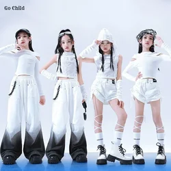 Girls Ripped Crop Hoodies Gradient Cargo Pants Kids Hip Hop Jazz Street Dance Shorts Clothes Set Child Streetwear K-pop Costumes