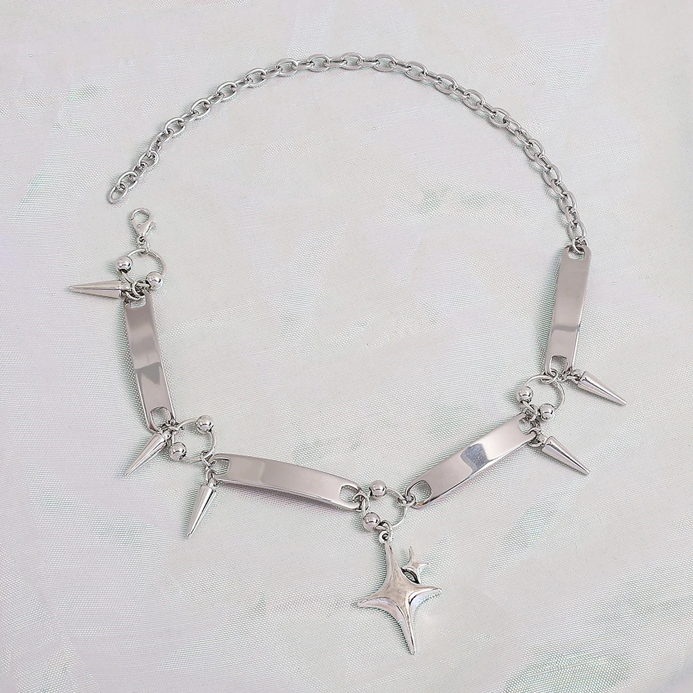 Y2K Star Spike Choker Necklace Edgy Metal Bar & Cone Rivet Chain Alt Grunge Aesthetic Jewelry Gift for Alternative Fashion Lover