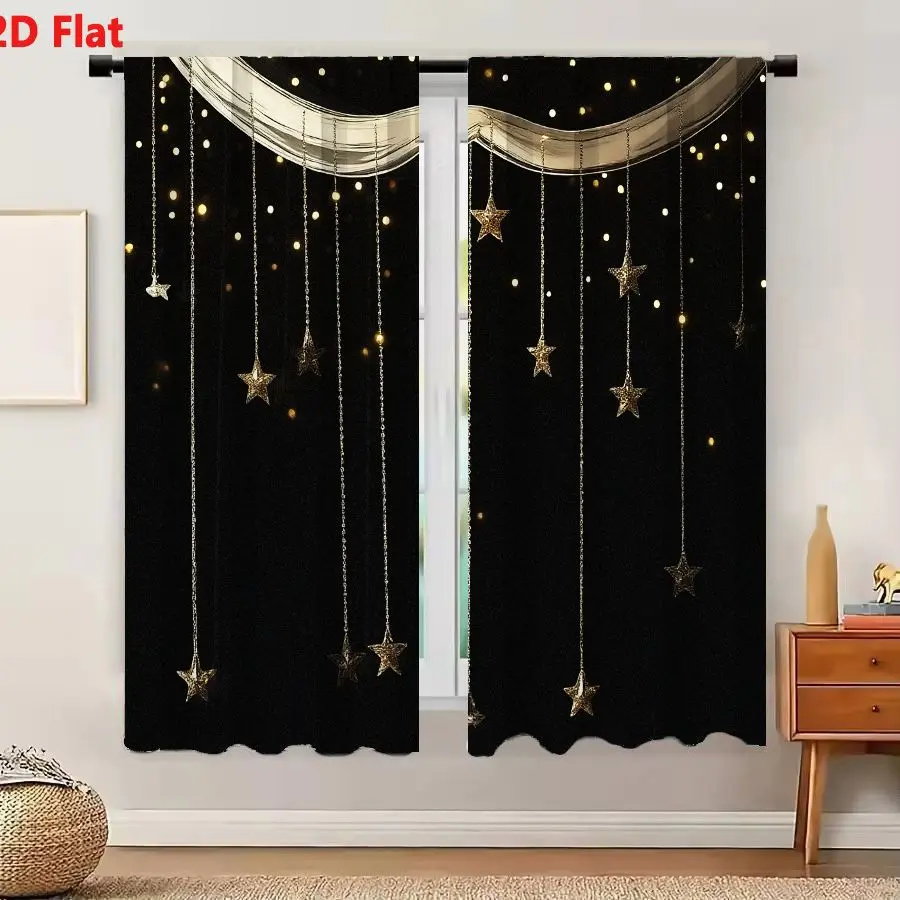 2Pcs Curtains Add 2D Flat Decorative Lighting Fixture With Hanging Gold Stars And Warm Fairy Lights Window Drapes for Bedroom Ro
