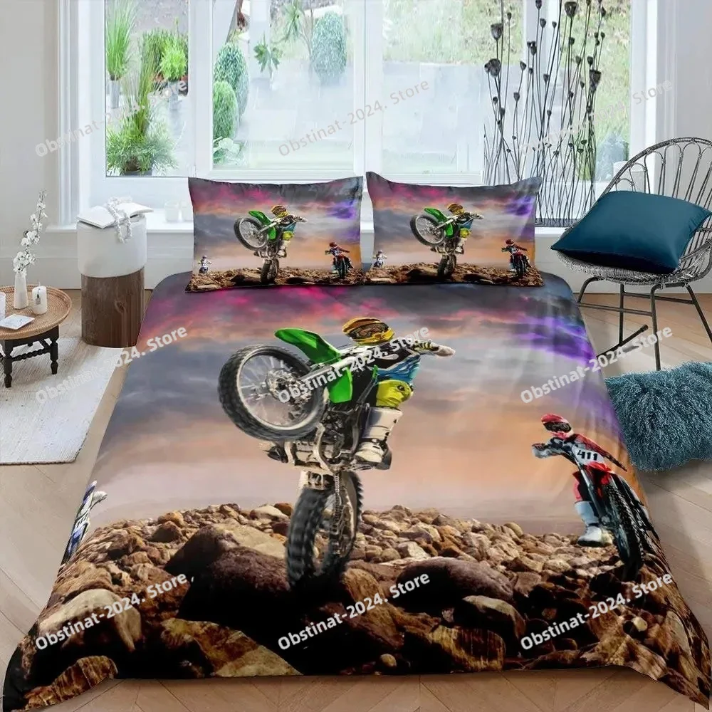 

Motorbike Duvet Cover Set Twin Size Motocross Rider Bedding Set Racing Motorcycle Dirt Bike Extreme Sport Polyester Quilt Cover
