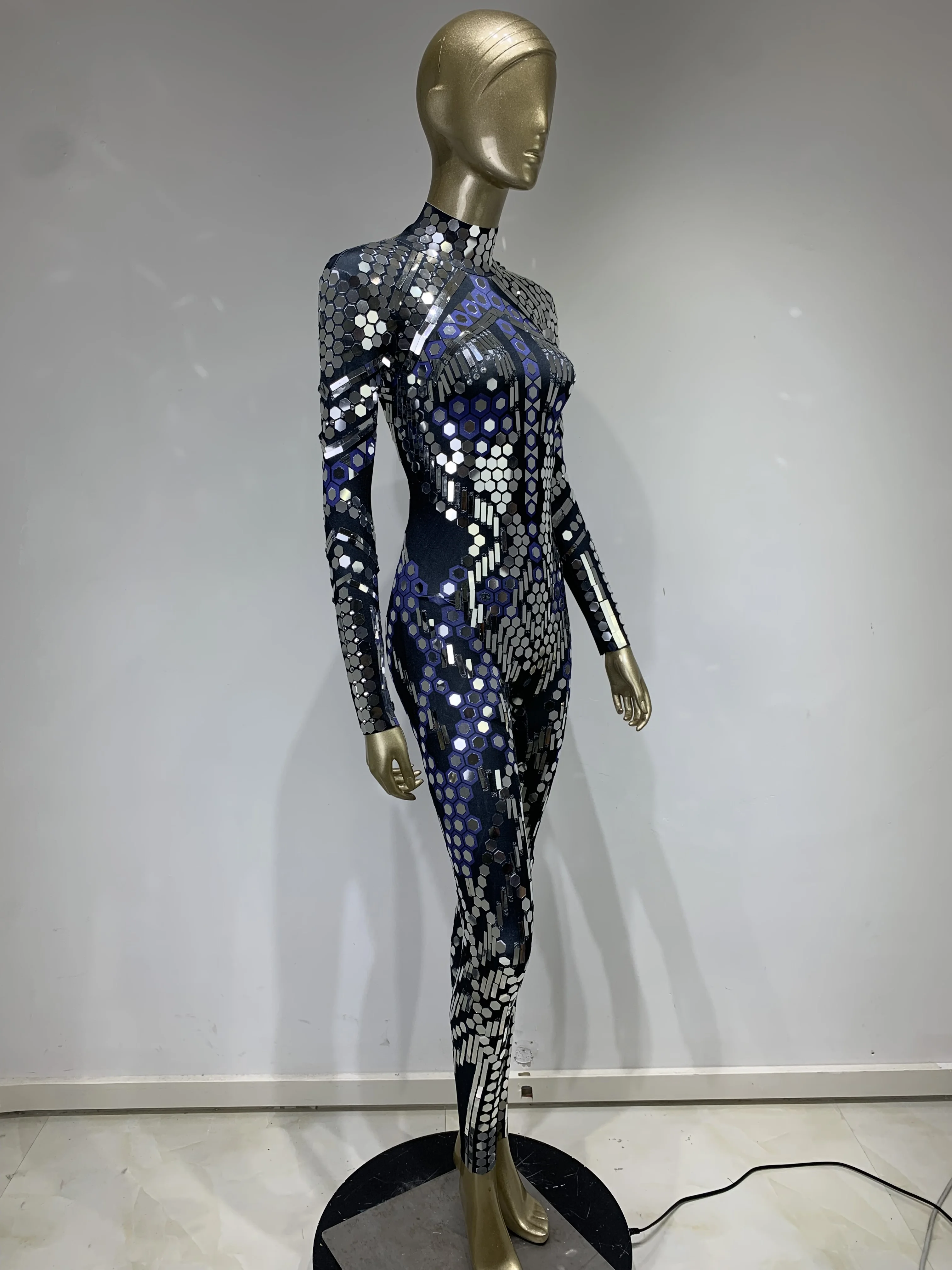 Women Black Geometric Sequins Long Sleeved Stretch Tight Jumpsuit Y2K Bar Nightclub DJ Female Singer Stage Performance Clothing