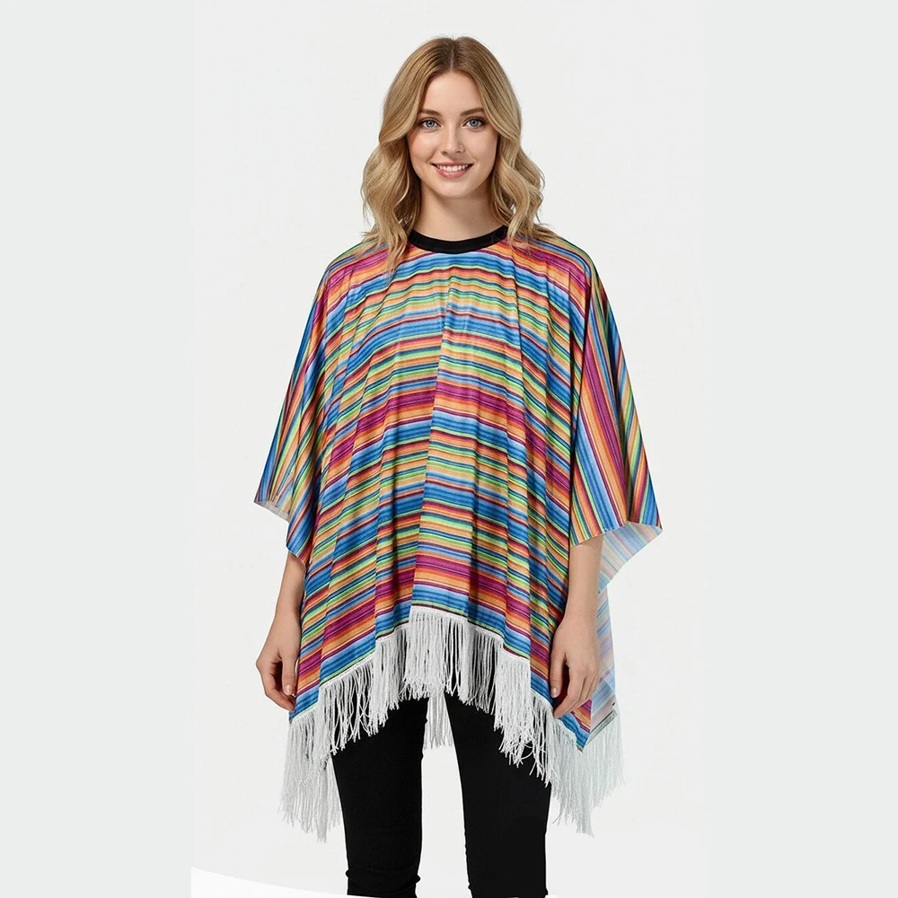 Vibrant Multi Color Stripe Fringe Poncho Casual Ethnic Tassel Cape Wrap for Adult Mexican Fiesta Holiday Daily Layering Wear