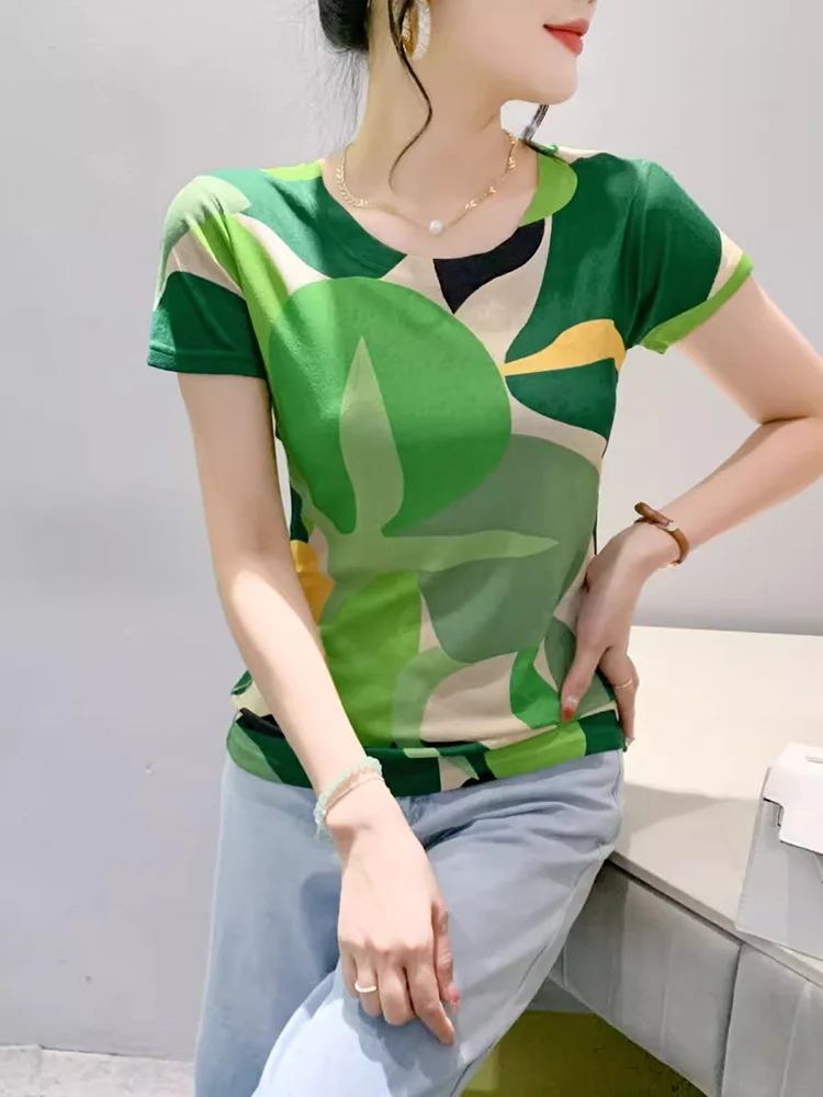 New Women Summer Personality Print T-shirt Fashion O-Neck Short Sleeve Slim Tees Casual Daily Elastic Skinny T-shirt