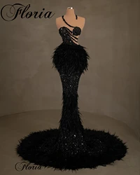 New Fashion Black Sequined Celebrity Dresses With Feathers Sleeveless Sexy Evening Dresses Luxury Vestidos De Noche Pageant Gown