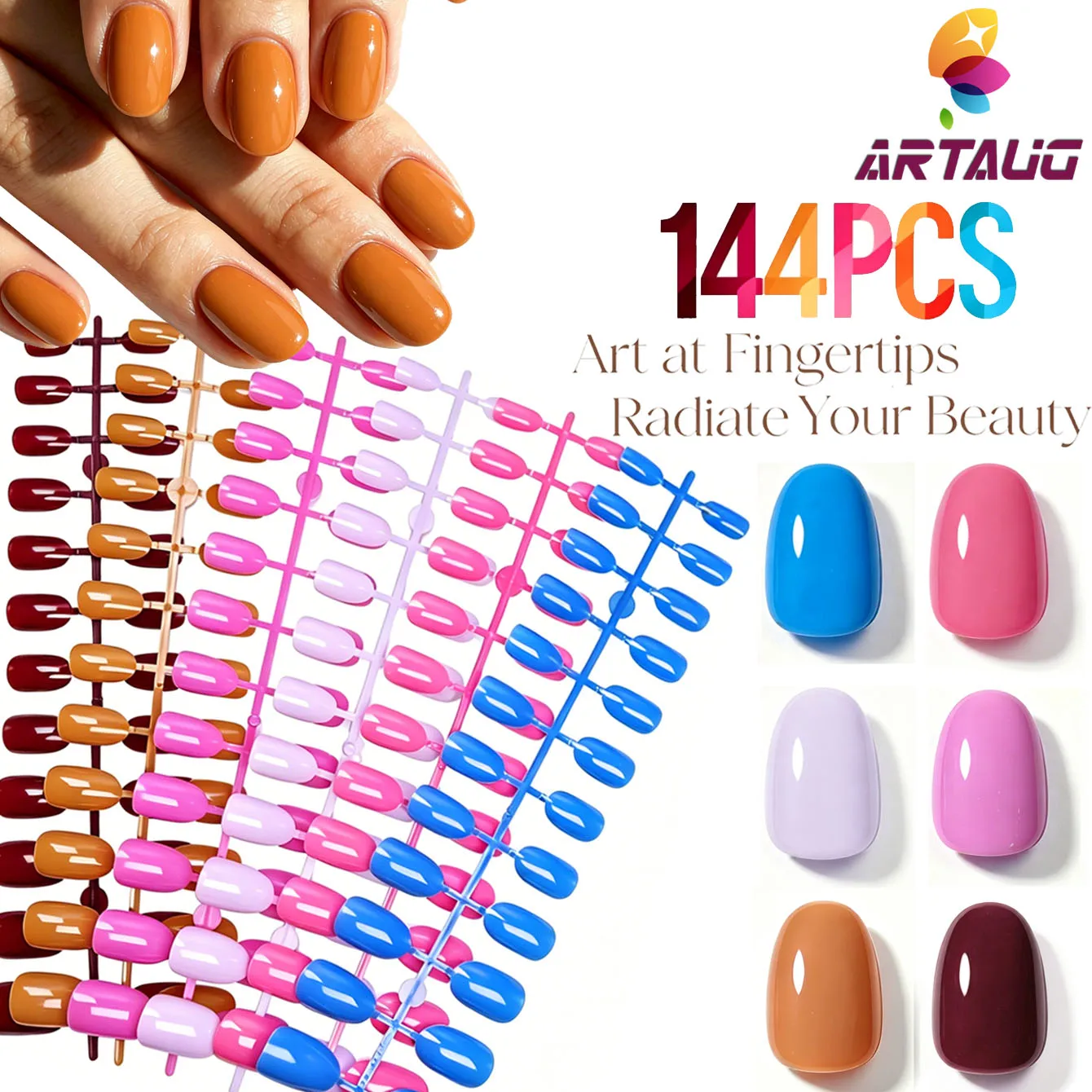 144 Stück kurze ovale Press-On-Nägel, einfarbig, vorgefärbt, weiche Gel-Kunstnägel, vollständige Abdeckung, glänzende künstliche Nagelspitzen, 6 Farben gemischt – Detail 10