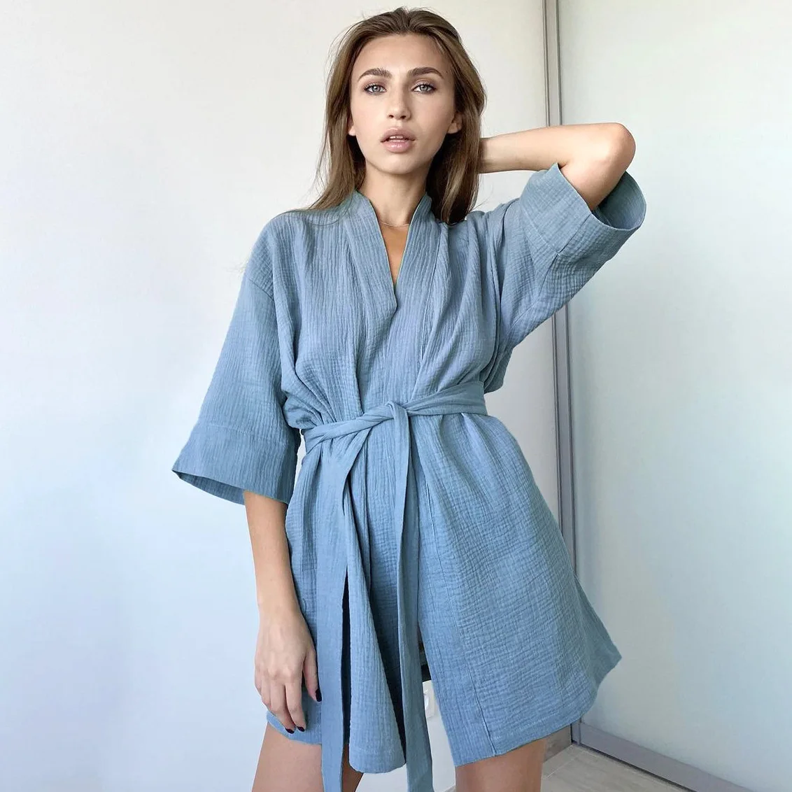 2026 Women's Loungewear Comfortable Loose Fit Seven Quarter Sleeve Pure Cotton Thermal Nightgown Bathrobe Fashion L Size Casual