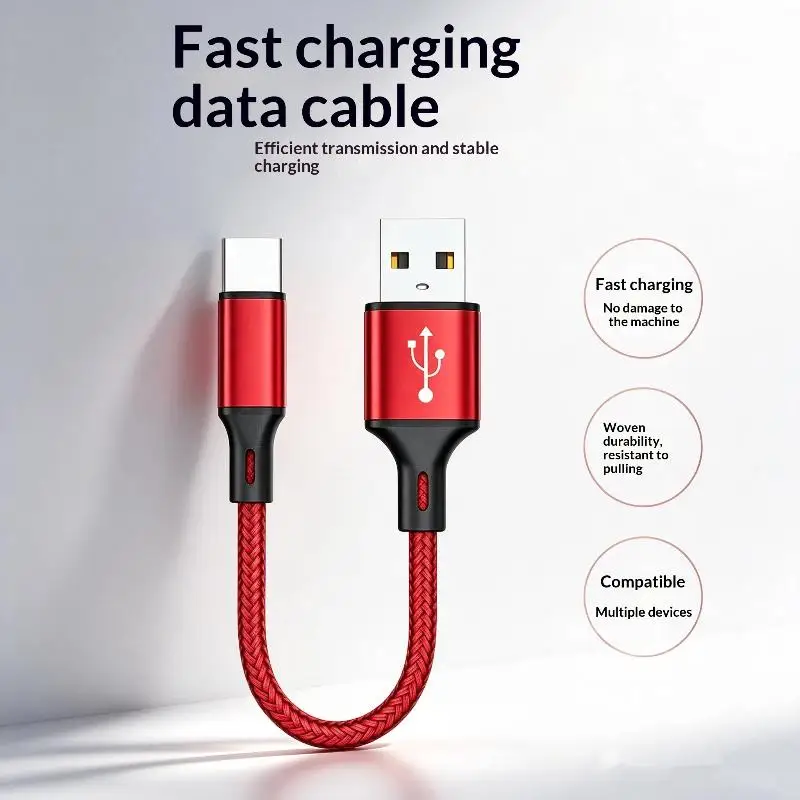0.25M Short USB A To Type C Cable 3A Fast Charging Data Transfer Nylon Braided Cord For Power Bank Phone