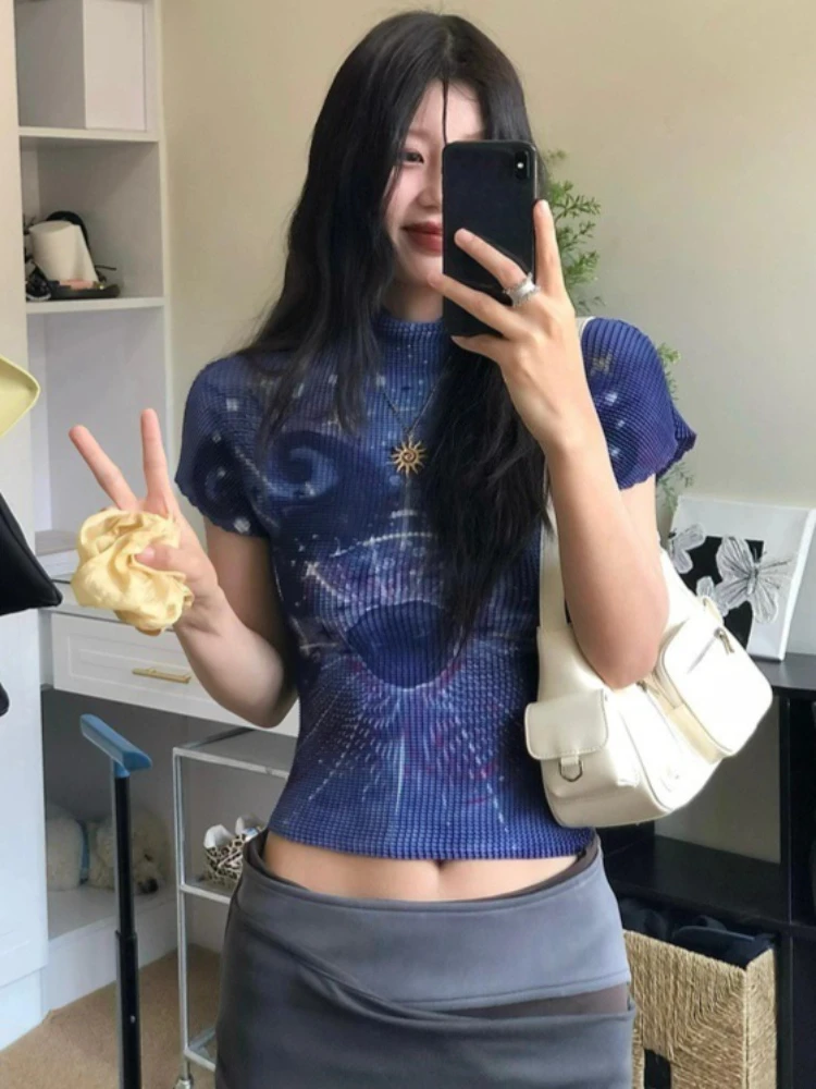

2026 Y2k Aesthetic Vintage Printing Women T-shirt Summer Harajuku Pleated Cropped Tees Vintage Streetwear Bodycon Grunge Tshirts