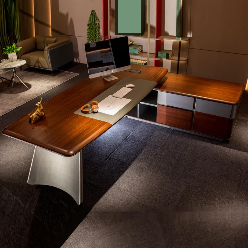 Premium Wood Veneer Executive Desk,Modern Large Office Desk for CEO&Directo,Builtin LED Light&File Cabinet,Executive Workstation