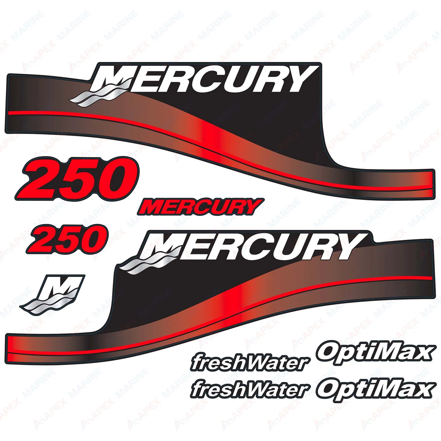 Decals for Mercury 250 hp OptiMax FreshWater Outboard Engine Red Decal Kit Sticker Set Reproduction 250HP fresh Water Opti Max