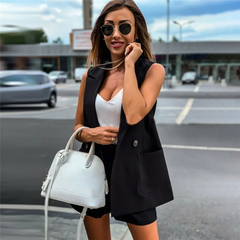 Summer Women Sleeveless Solid Button Up Two Piece Set Blazer Top And Pocket Short Set Elegant Office Ladies Suits Women Workwear