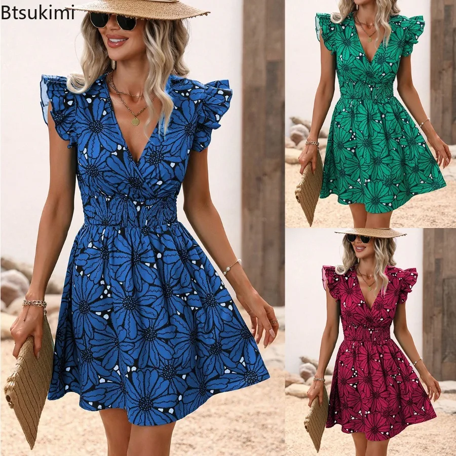 

2025 Summer Women's V-neck Sexy Large Flower Ruffled Sleeveless Dress Fashion Elegant Floral Printed Mini Casual Vacation Dress