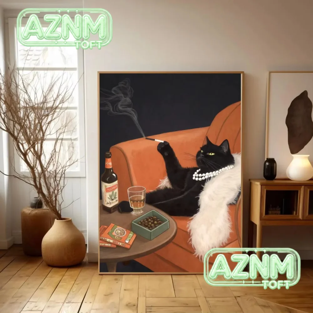 (2D Canvas Painting) Black Cat Smoking a Cigarette Vintage Poster Art Retro Whimsical Print Funny Animal Wall Decor Poster fo