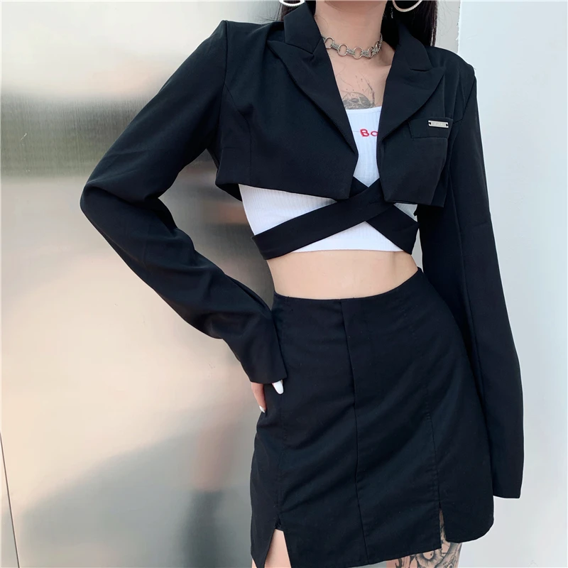 Super-short Blazers Women New Design Sexy Japanese Style Solid Long Sleeve Colleges Spring All-match Streetwear Autumn Fashion