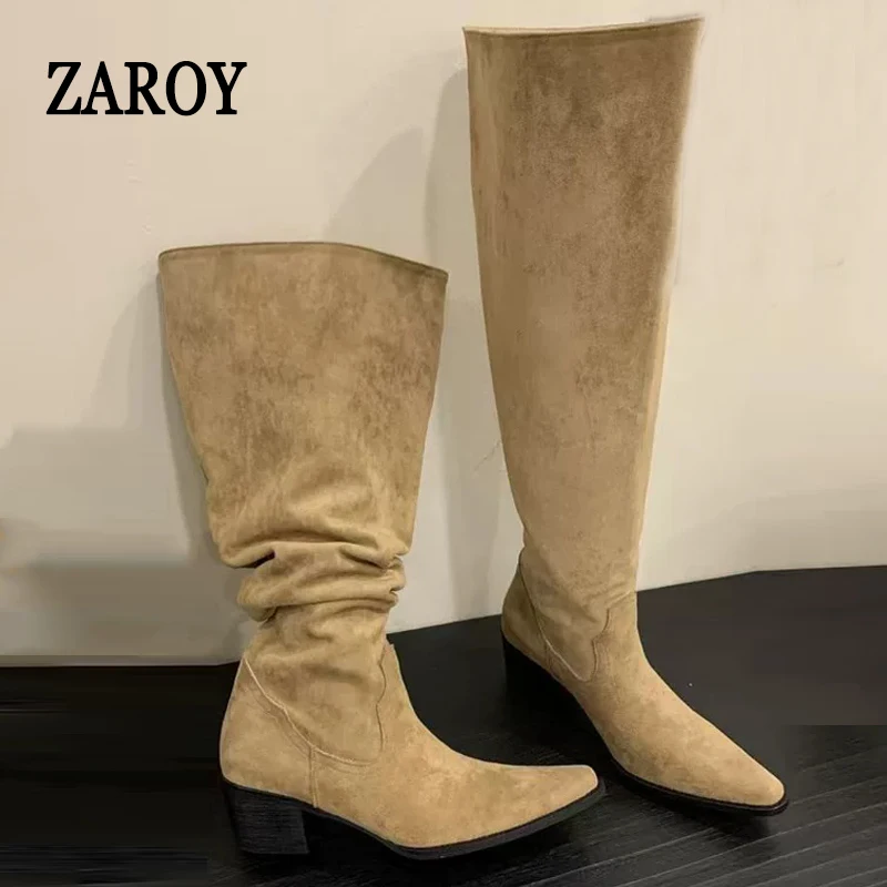 ZAROY Winter Pointed Toe Knee High Boots Women Designer Suede Retro Square Low Heel Booties Modern Wide Tube Long Botas Zapatos