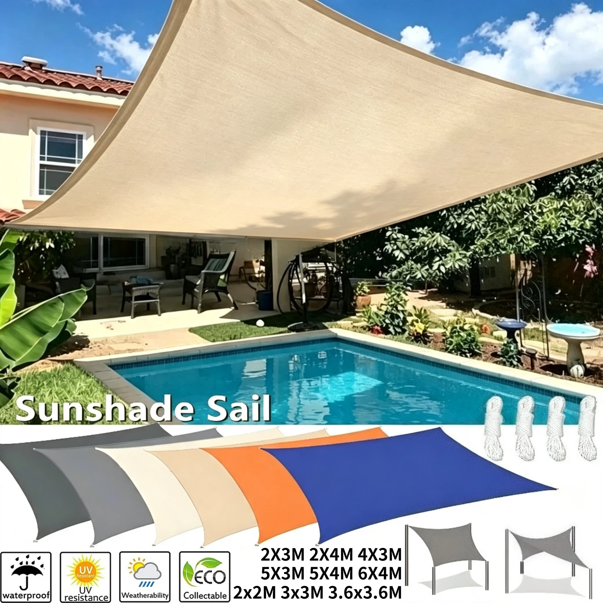Sun Shade Sail 2/3/4/5/6M Rectangle Awning Canopy Waterproof Shade Cloth Garden Sun Sail Patio Canopy 95%UV Block Shelter Tents