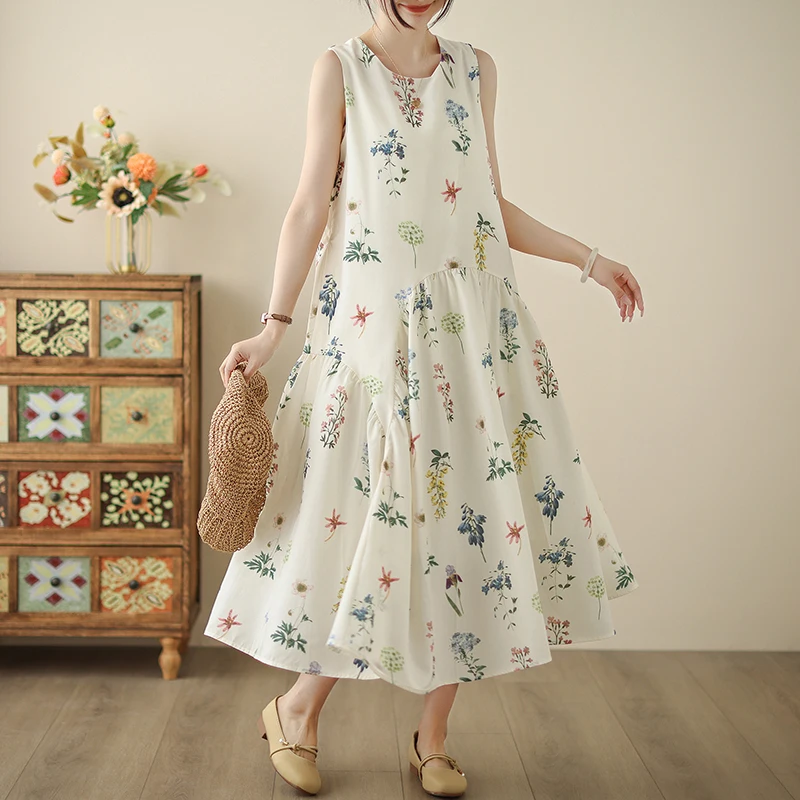 Verano Chic moda estampado chaleco suelto vestido largo de mujer Boho Casual playa
