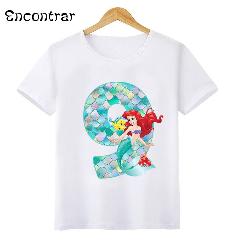 Disney Princess Mermaid Graphic Girls Clothes Kids T shirt Age 1 2 3 4 5 6 7 8 9 Years Birthday Number Bow Baby T-Shirts,HKP2697