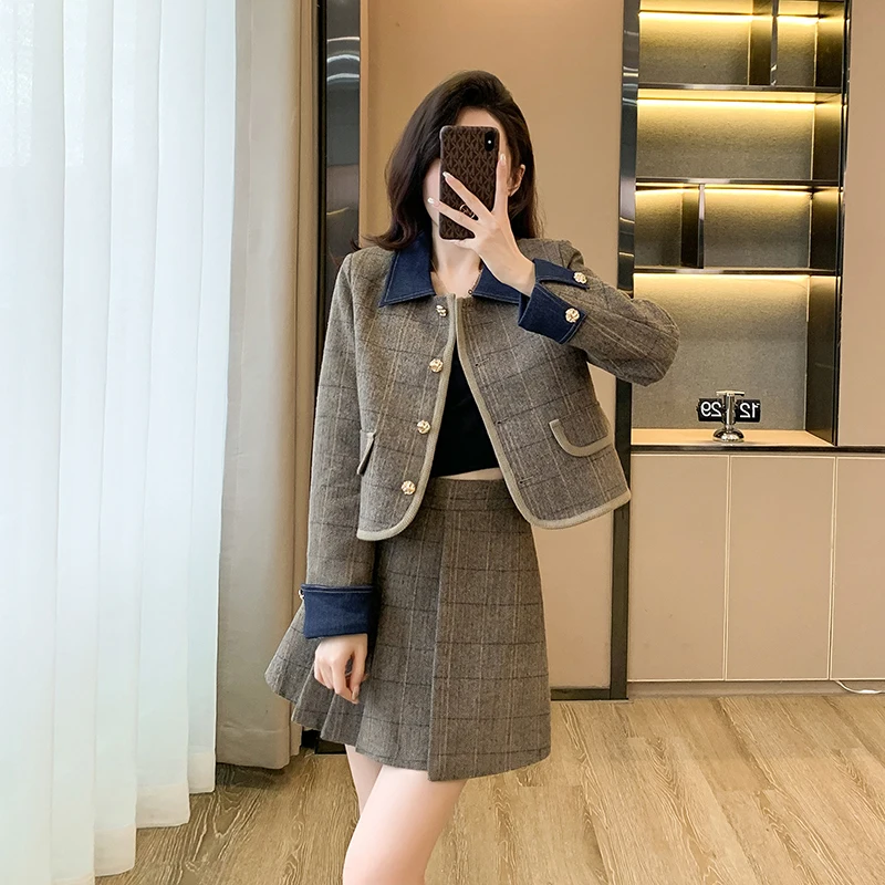 UNXX Real Shot New Vintage Coat Half-skirt Suit, British College Style Age-reducing Girlish Two-piece Set Female Office Lady Set