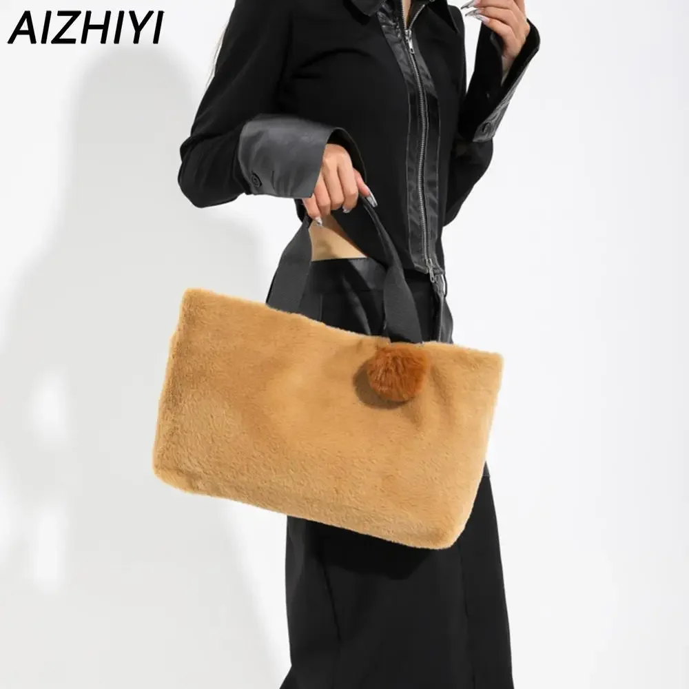 Plush Underarm Bag Solid Color Top-handle Handbag Trendy with Hairball Soft Large Capacity for Autumn and Winter for Travel Work